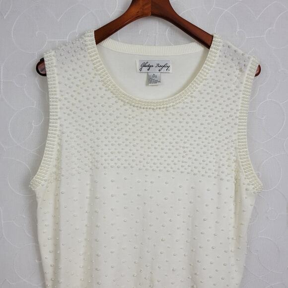 VTG Gladys Bagley Pearl Front Tank Womens XL White Beaded Sleeveless Knit Tank - Picture 1 of 6